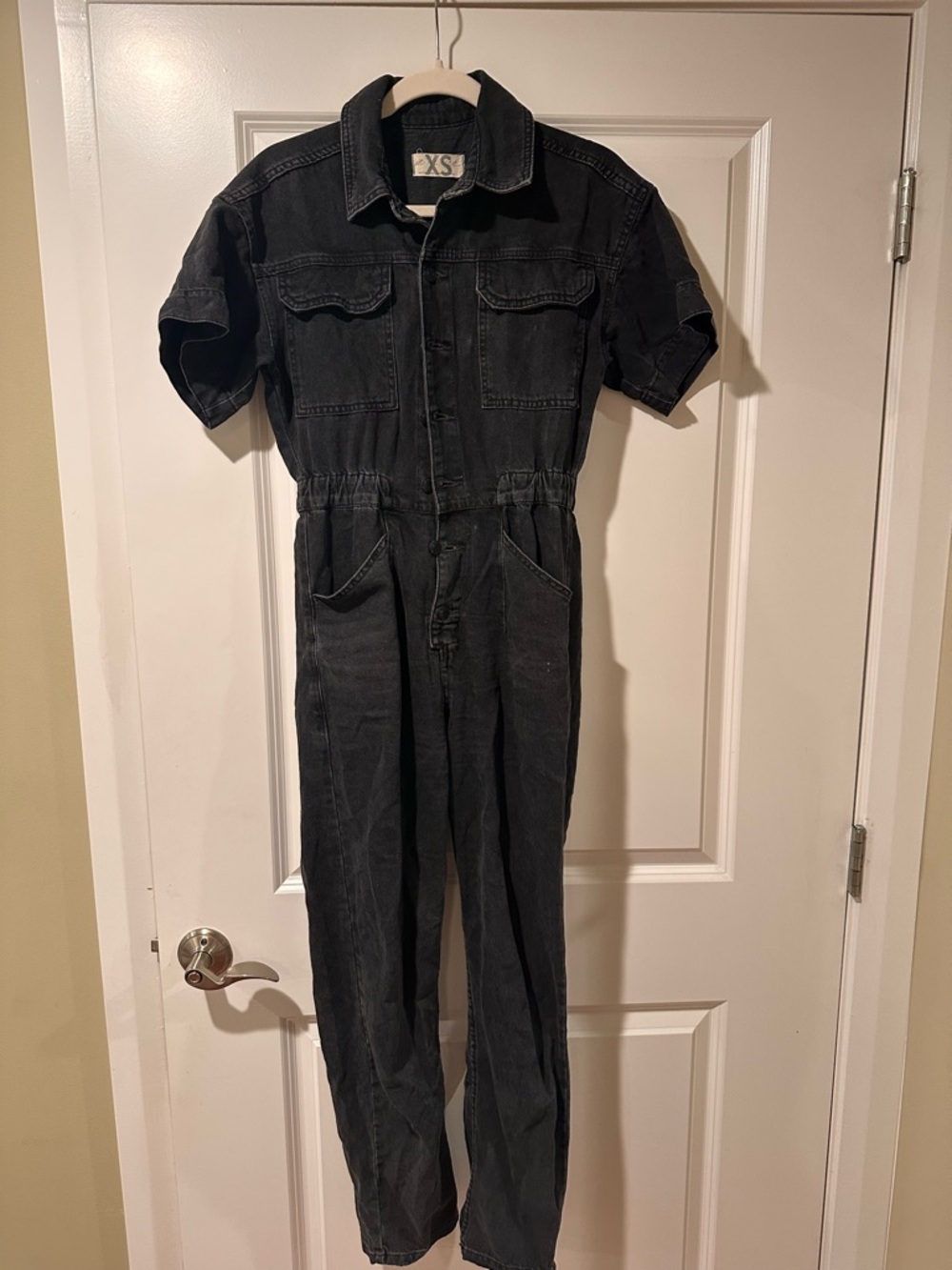 Free People Black Short-Sleeve Denim Jumpsuit with Utility Pockets